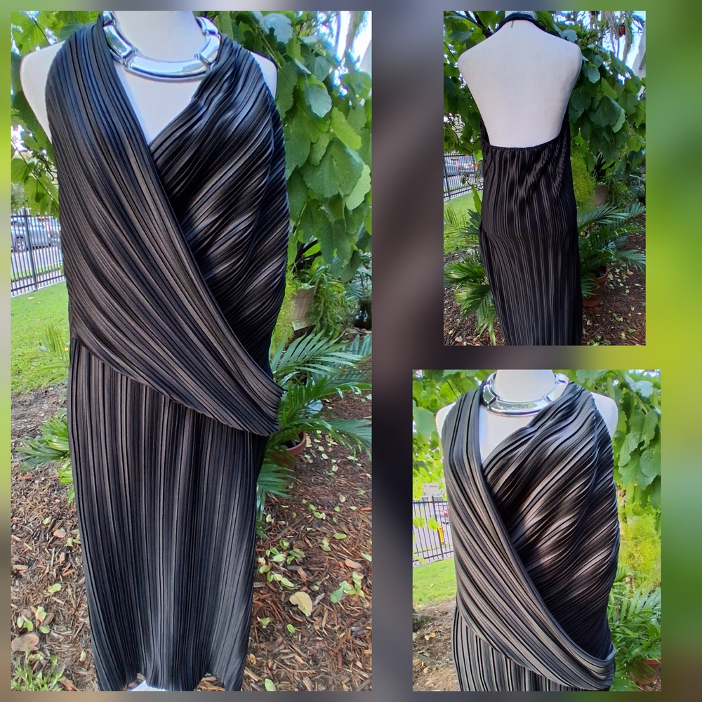 🔥ASOS DRAPED Black PLISSE HALTER Maxi Dress Size 10 EUC - Picture 2 of 12